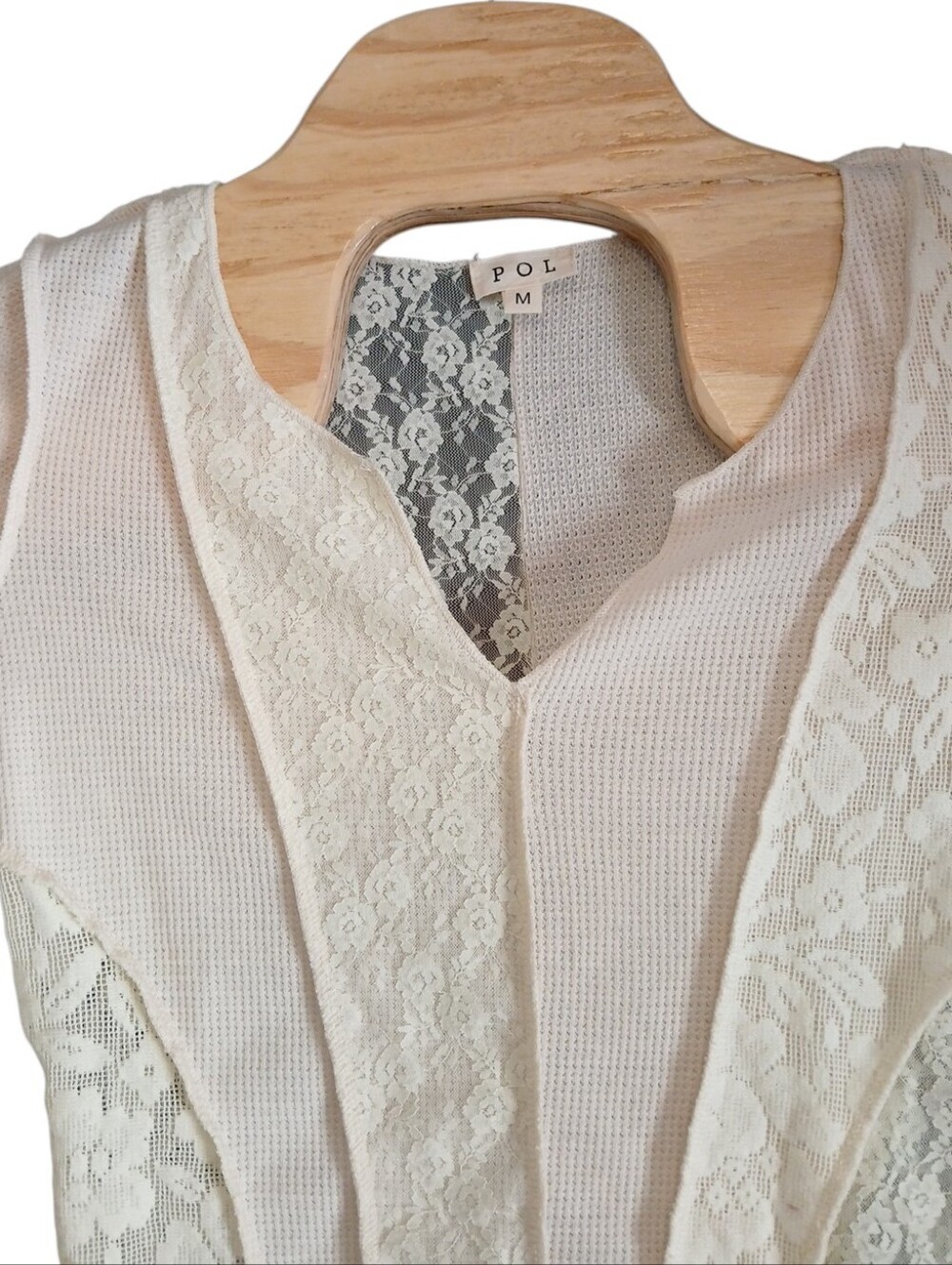 POL Cream Lace-Trim V-Neck Knit Top Long Sleeve Fairycore Blouse Medium